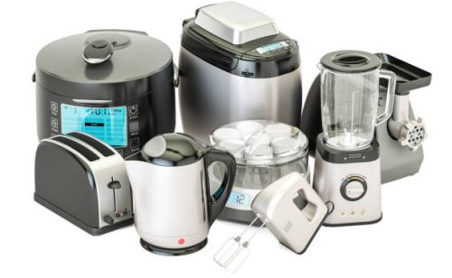 Set of kitchen home appliances. Toaster, kettle, mixer, blender, "yogurt maker", multicooker, grinder, bread machine, 3D rendering isolated on white background